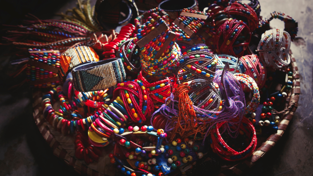 Basket with african beaded bracelets