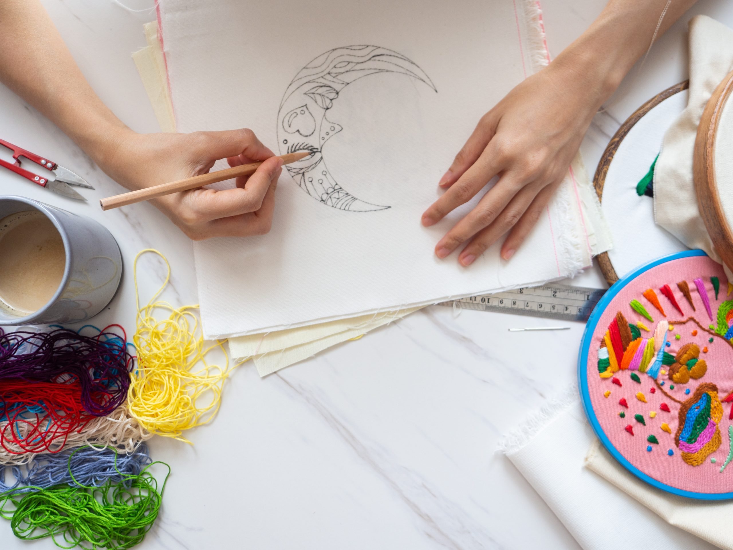 designer hand embroidery craft hobby fabric textile texture handmade fashion moon drawing mind health mental spiritual art therapy healing illustration design pattern handicraft selected focus