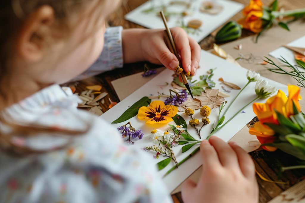 Child creates a flower collage as a handmade gift.