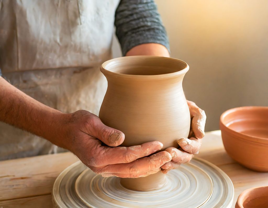 A potter molds a clay pot on a spinning potters wheel, bathed in warm sunlight.