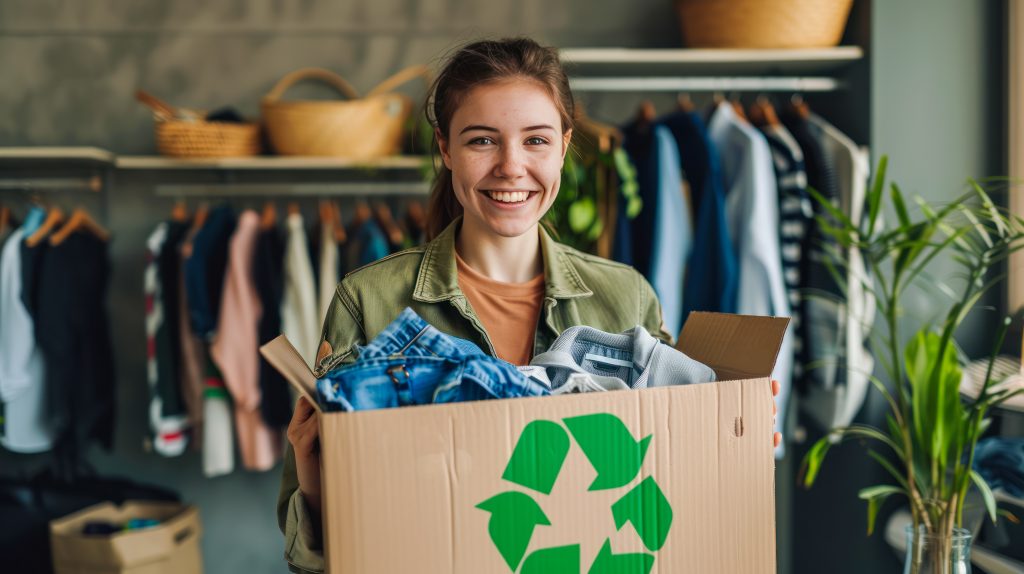 Happy middle aged woman holding cardboard recycling box with clothes. Used clothes. Ecological and sustainable fashion. Fabrics recycling. reduce waste concept. conscious clothing consumption