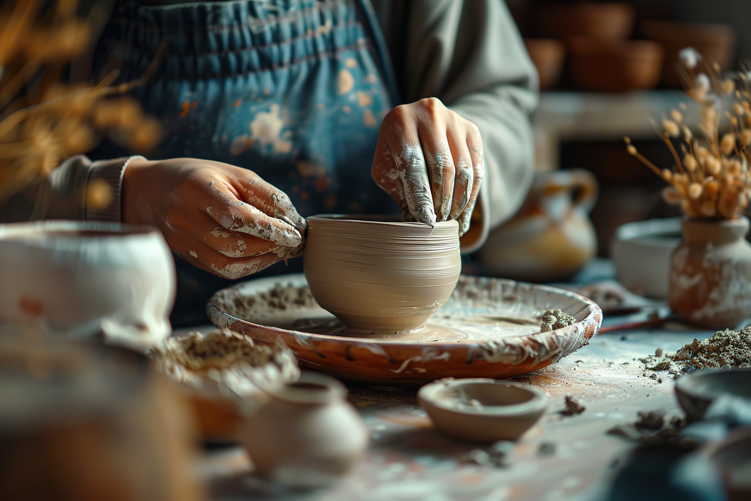 Mature woman ceramist in the workshop makes mug out of clay. Closeup of female potter hands. Art and small business. Creation of ceramic products. Person at work creating handmade cup in studio