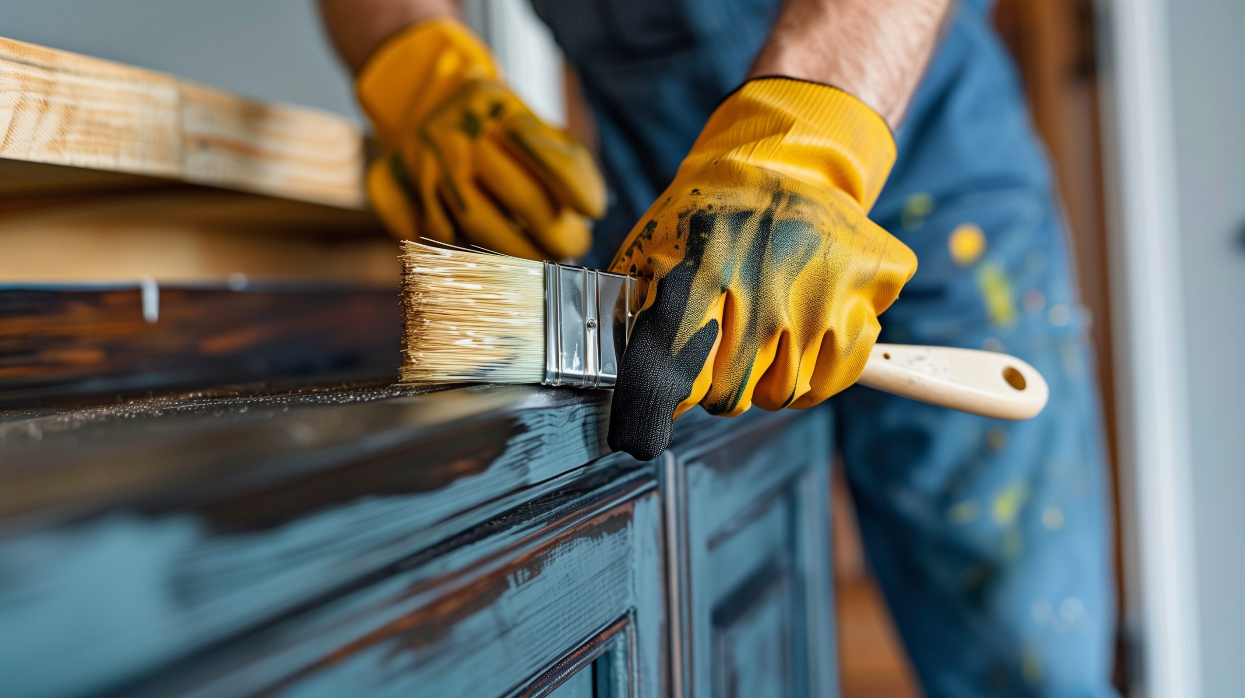 A man wearing gloves is painting a cabinet with a brush. He is focused on applying the paint evenly, covering the surface with smooth strokes.