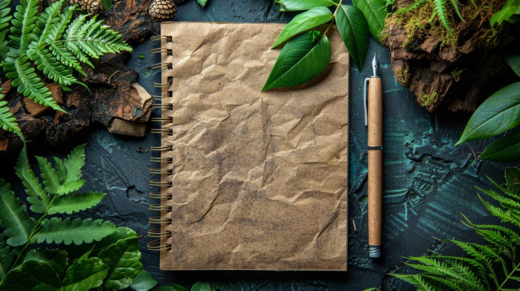 eco-friendly stationery set notebook made of recycled paper paired with a plant-based pen, adorned with green leaves for a sustainable touch