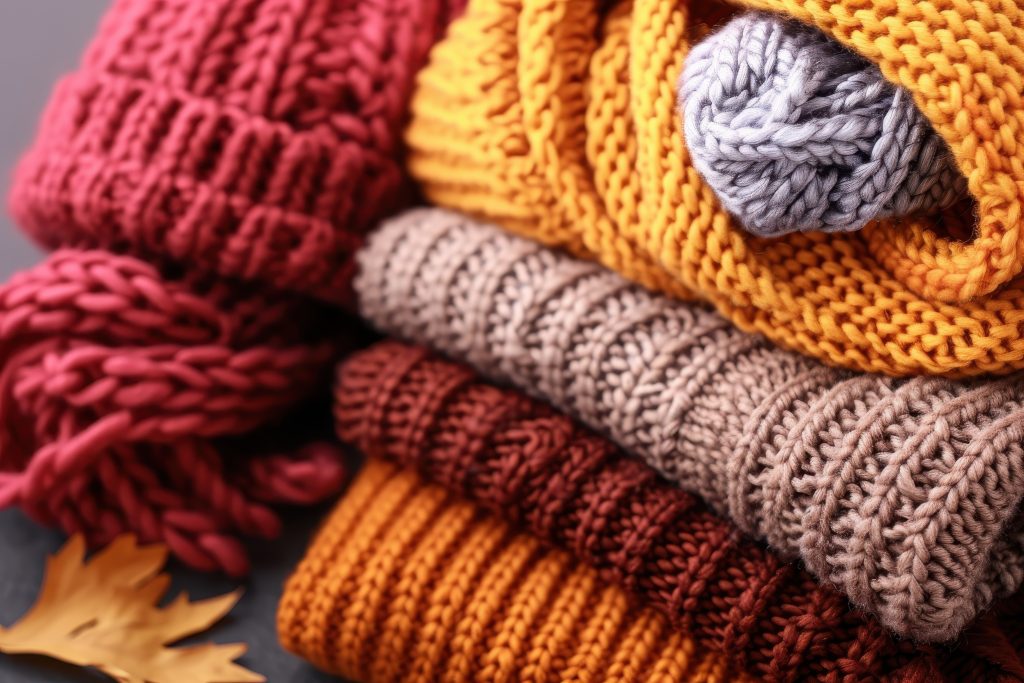 Colorful knitted scarves and beanies stacked together in warm autumn colors, evoking cozy and comfortable fall vibes.