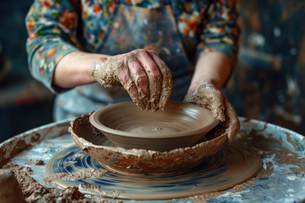 Ceramic Art: Masterful Hands at Work in Pottery Studio Creating Hand-made Bowls