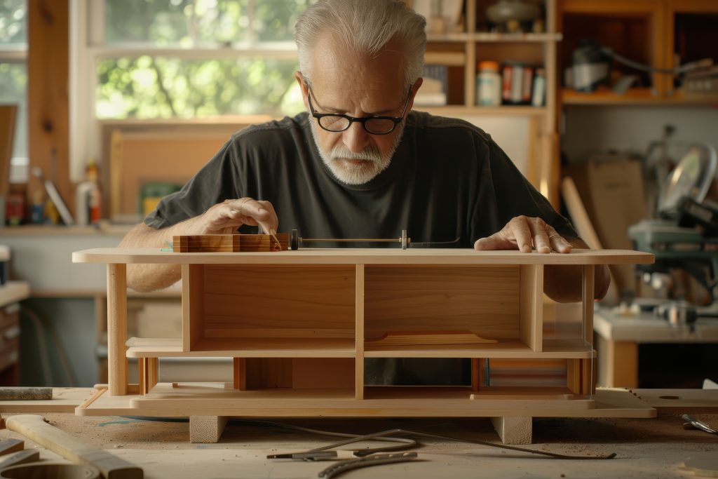 An experienced carpenter assembling a custom bookshelf, aligning and fastening the shelves with a drill and screws.